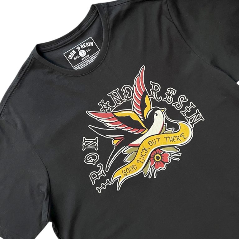 t-shirt banner swallow Iron and resin Ride with Mortimer
