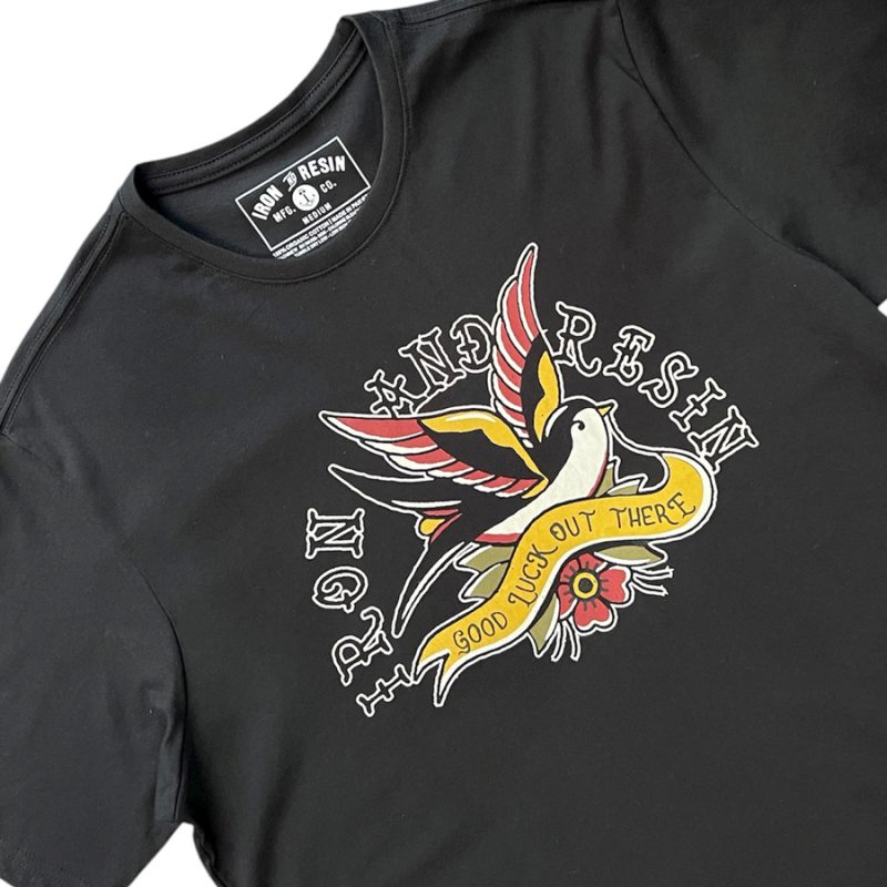 t-shirt banner swallow Iron and resin Ride with Mortimer